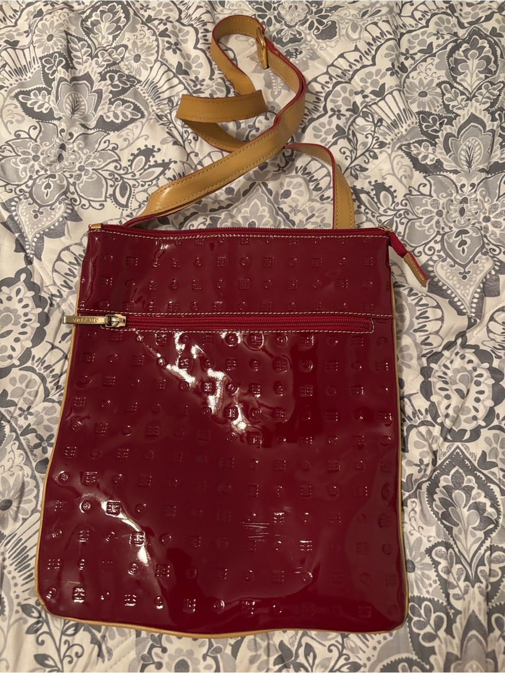 Arcadia Glossy Cherry Red Crossbody with Tan Strap